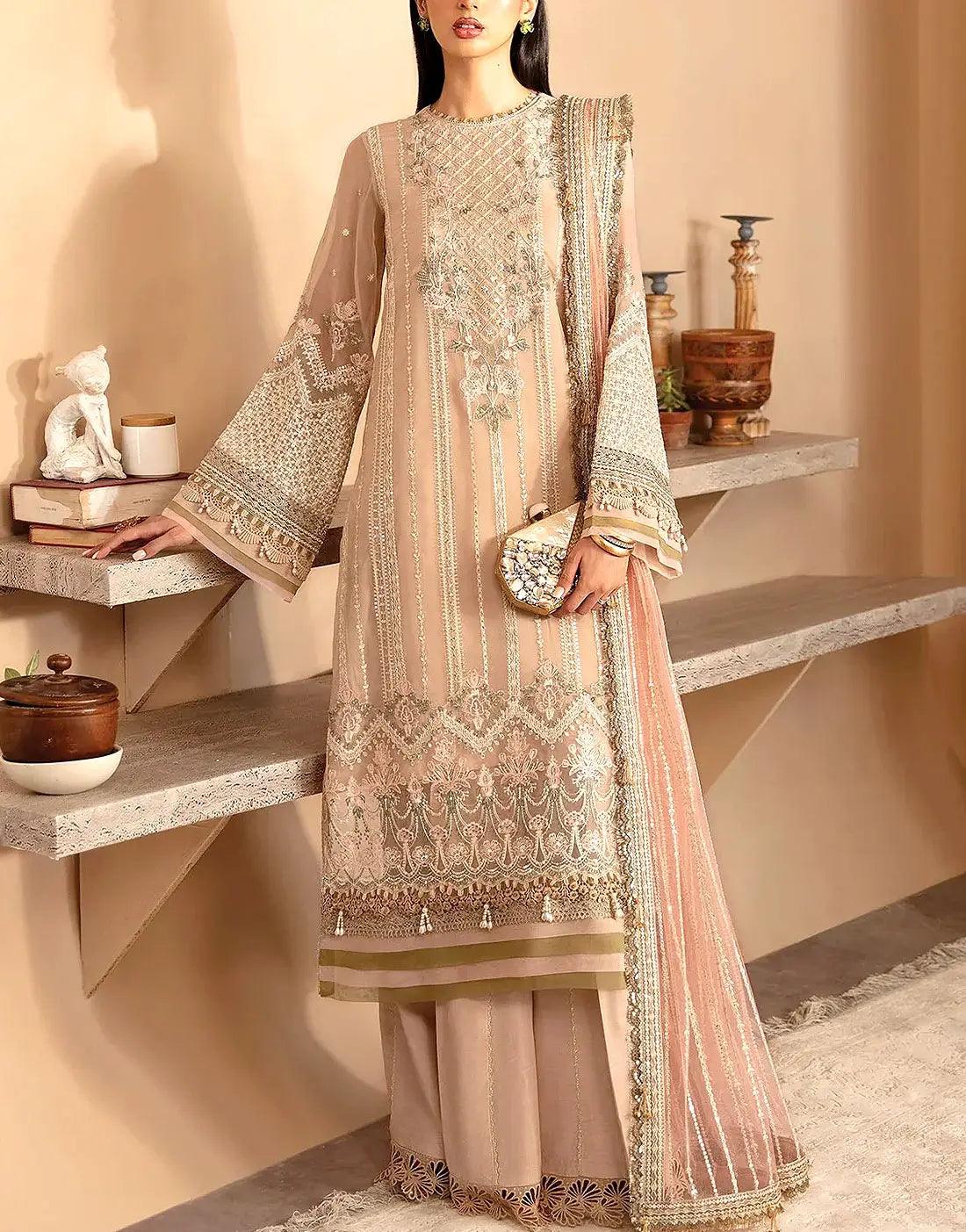 Luxury Embroidered Beige Chiffon Formal Dress for Weddings & Parties
