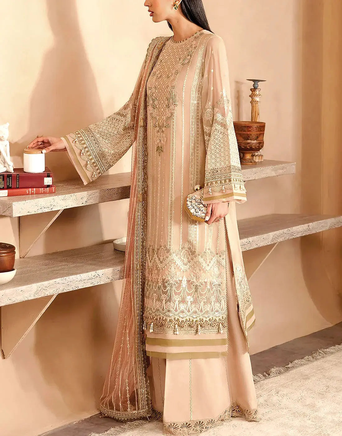 Luxury Embroidered Beige Chiffon Formal Dress for Weddings & Parties