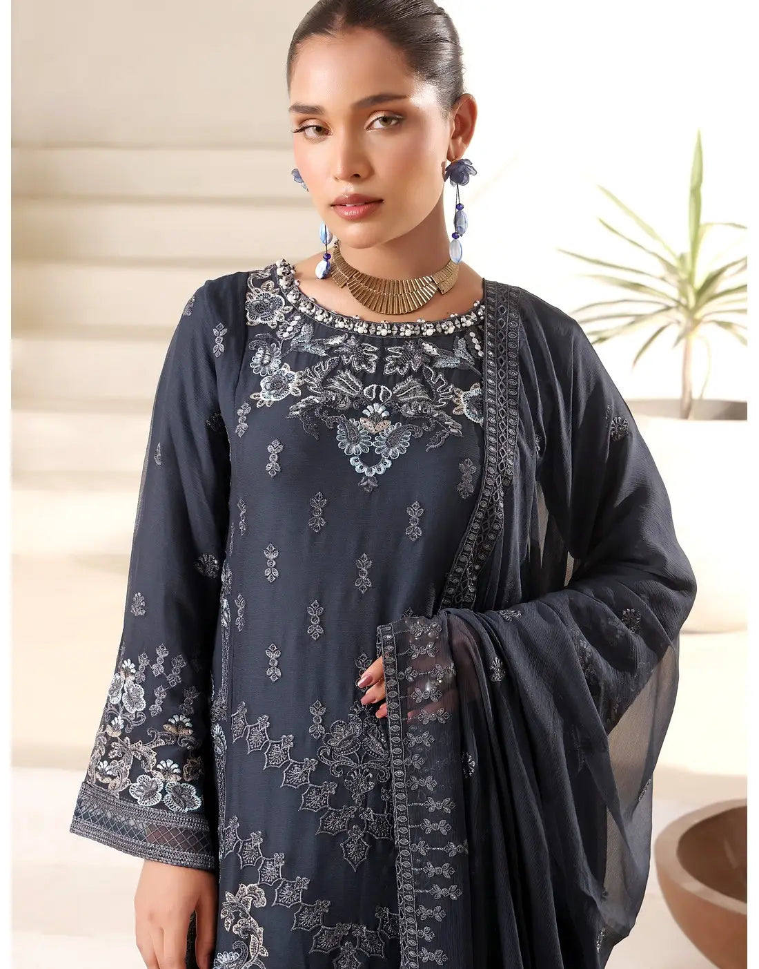 Samara Semi-Stitched Black Embroidered Chiffon Dress for Formal and Party Wear