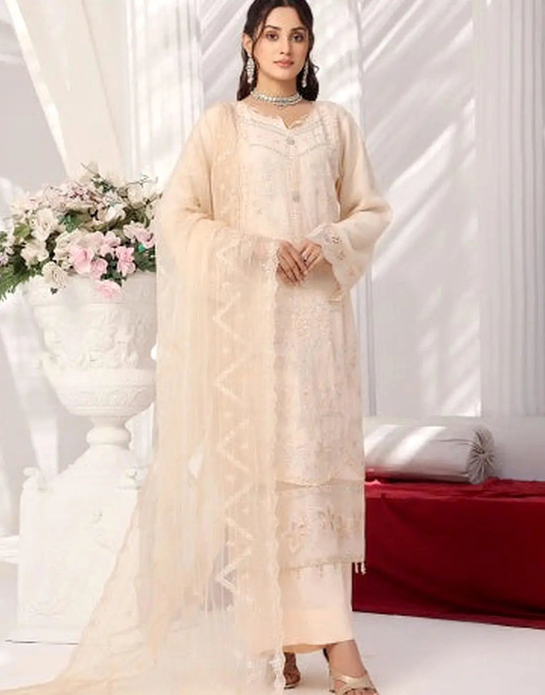 Batul Semi-Stitched Ivory Embroidered Chiffon Dress for Festive & Party Wear