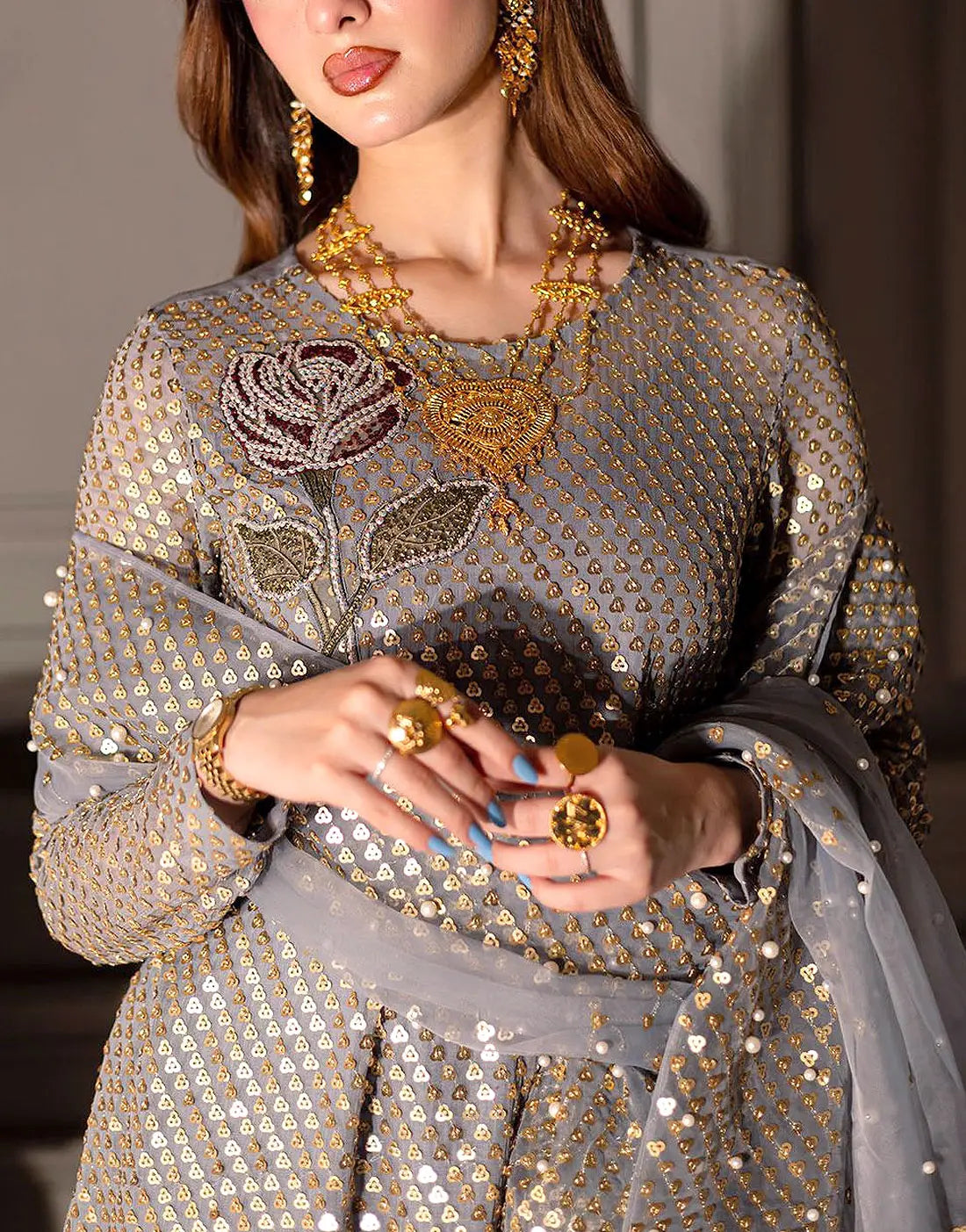 Glittering Sequins Embroidered Chiffon Party Wear Dress with Emb. Organza Dupatta