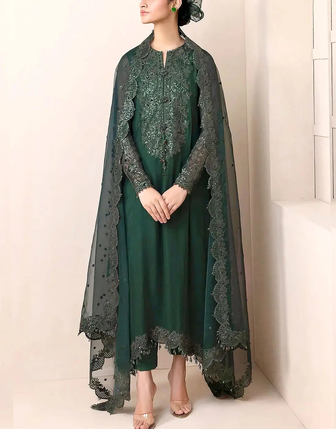 Heavy Embroidered Bottle Green Chiffon Party Wear Dress with Emb. Organza  Dupatta  Best Price Online in Pakistan