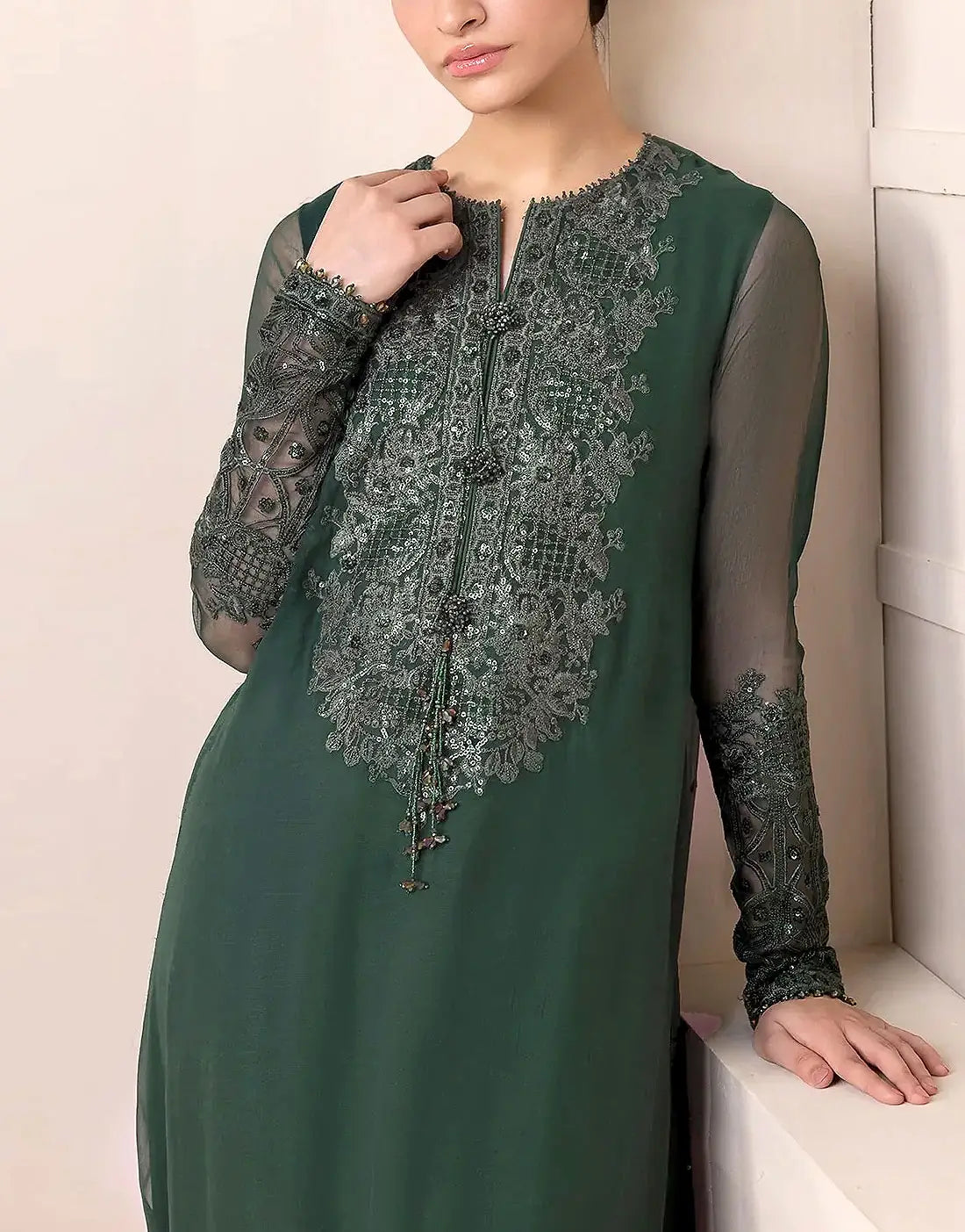 Heavy Embroidered Bottle Green Chiffon Party Wear Dress with Emb. Organza Dupatta