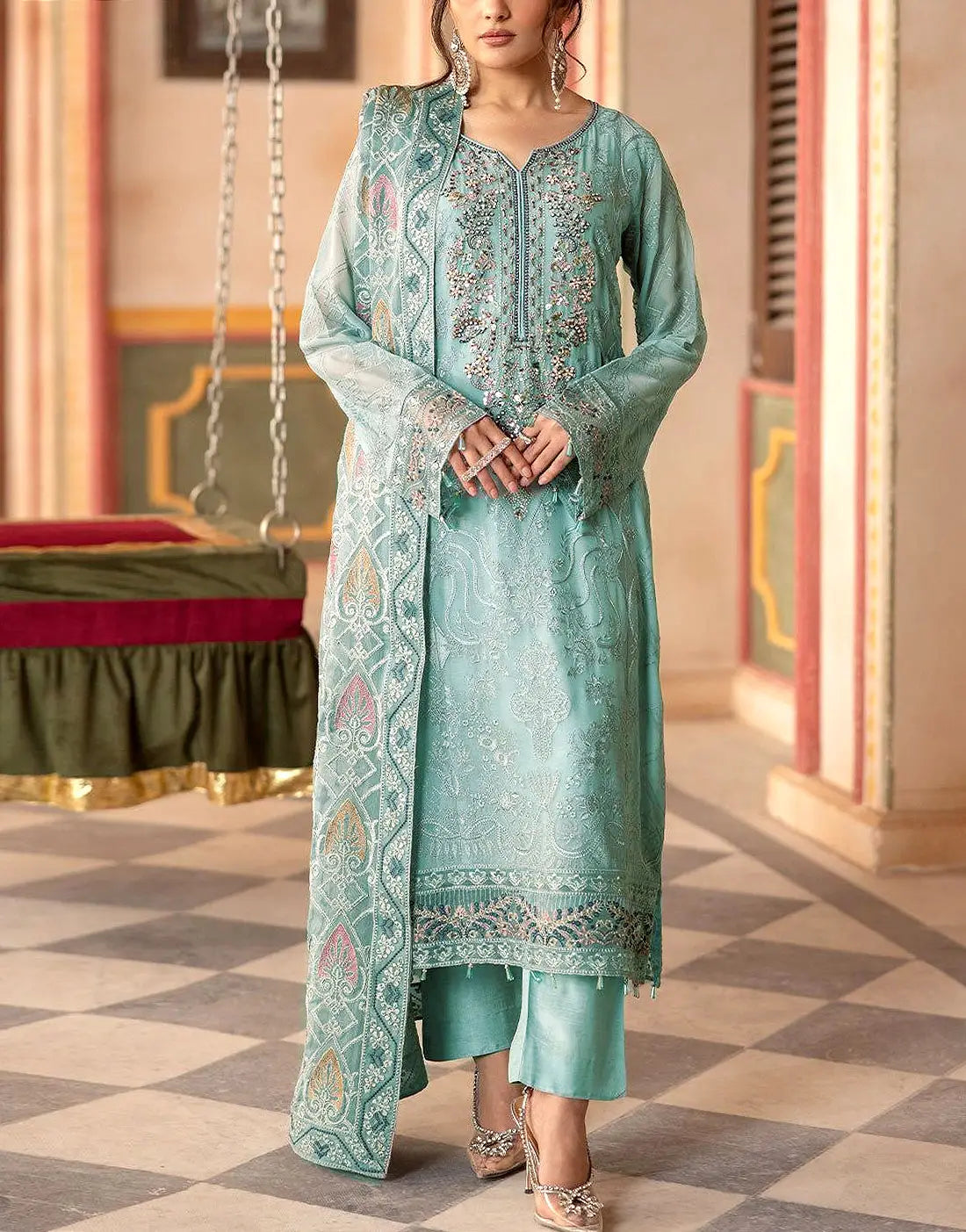 Luxury Heavy Embroidered Chiffon Party Wear Dress with Emb. Organza Dupatta   Best Price Online in Pakistan