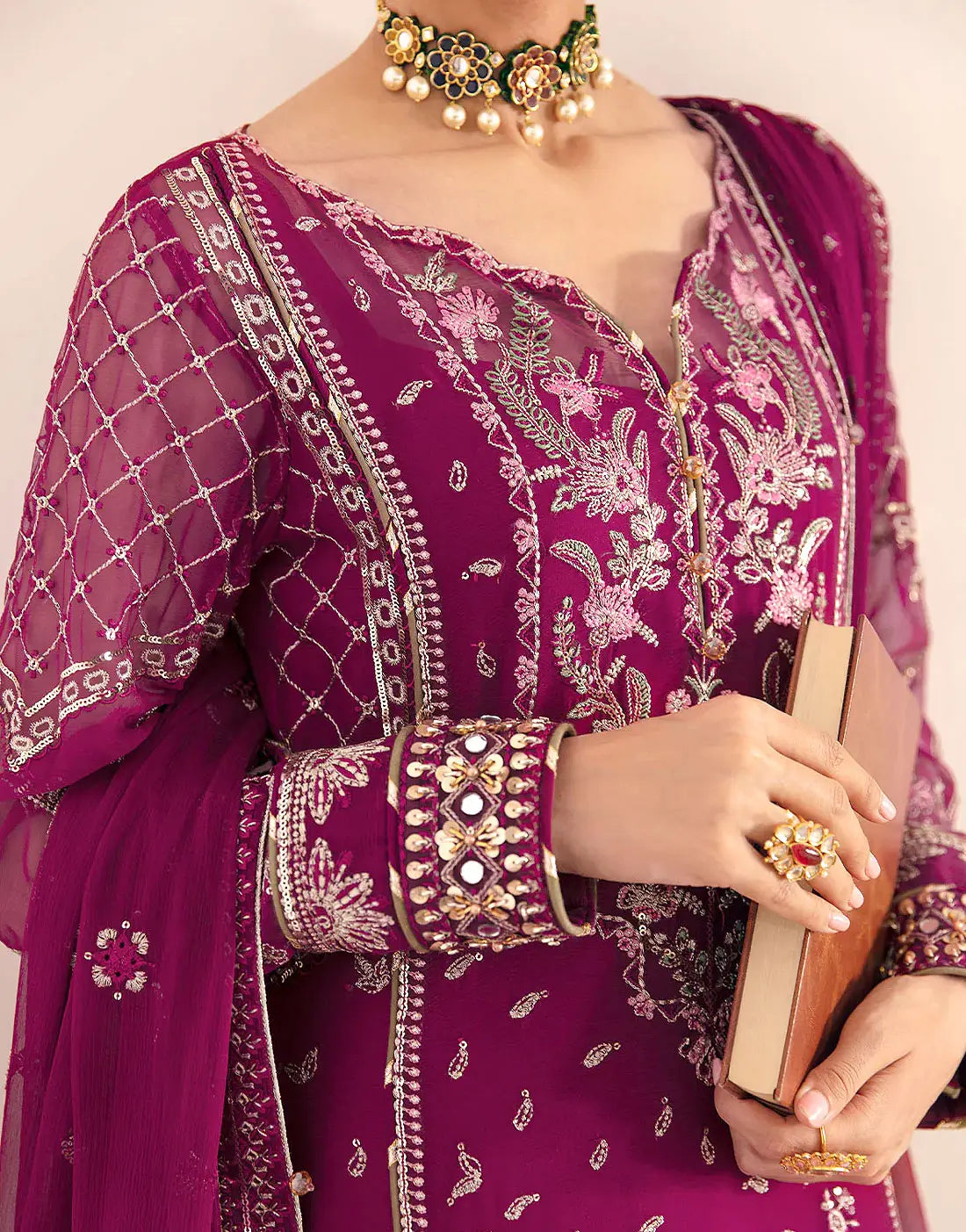 Premium Quality Heavy Embroidered Magenta Chiffon Party Wear Dress
