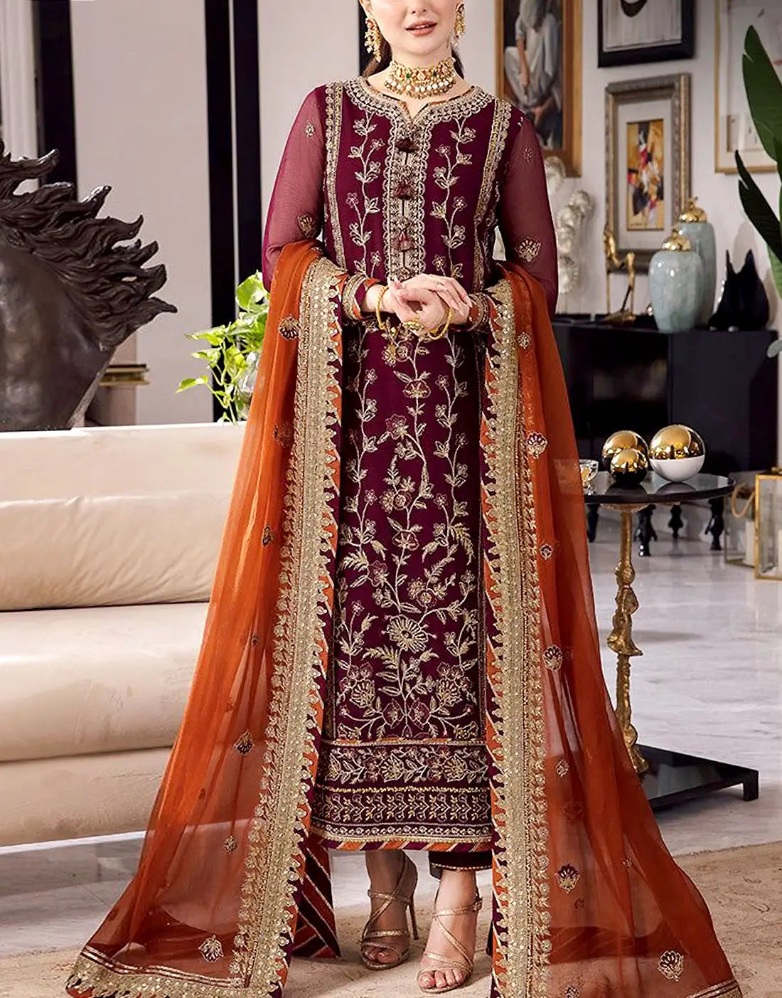 Heavy Embroidered Maroon Chiffon Wedding Dress for Women