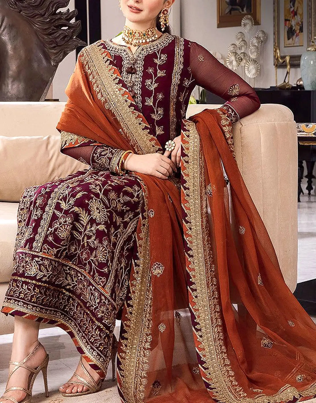 Heavy Embroidered Maroon Chiffon Wedding Dress for Women