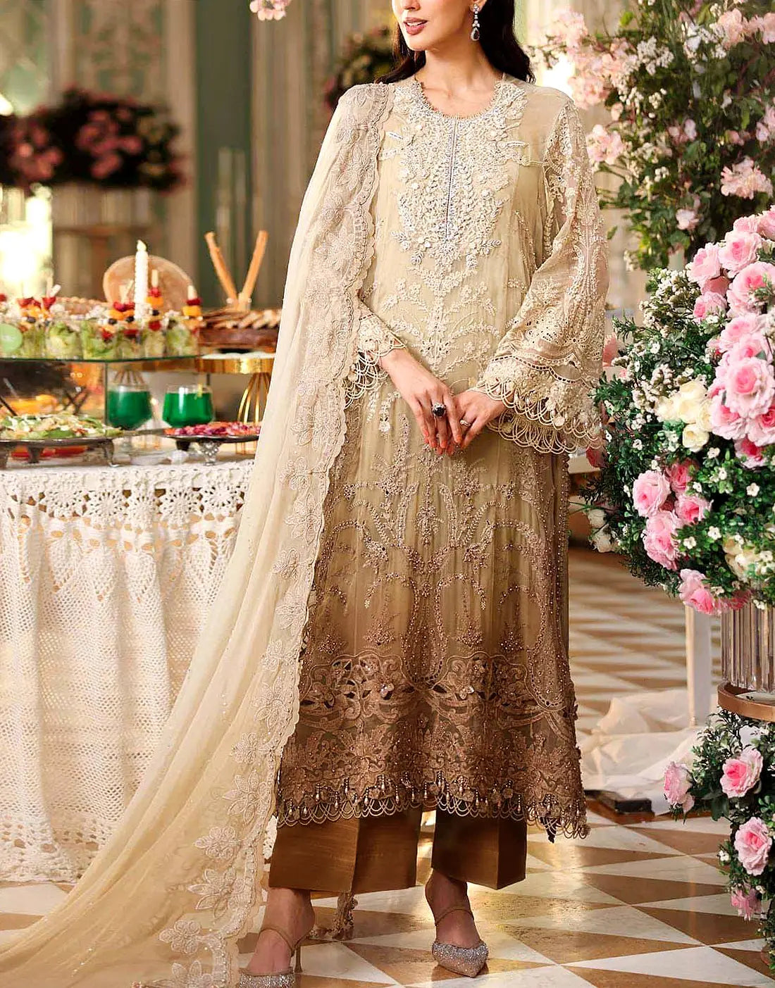 Sophisticated Ombre Style Embroidered Beige & Bronze Chiffon Wedding Dress – A Party & Formal Wear Design 2026