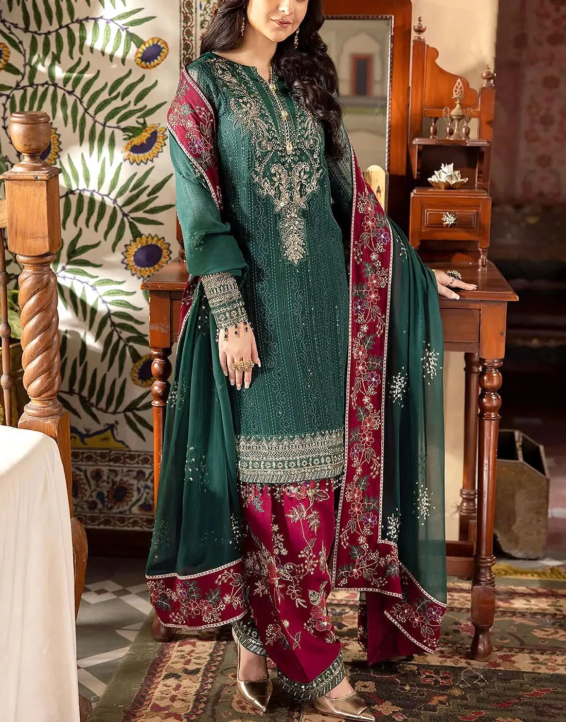 Heavy Embroidered Chiffon Party Wear Dress with Emb. Silk Trouser