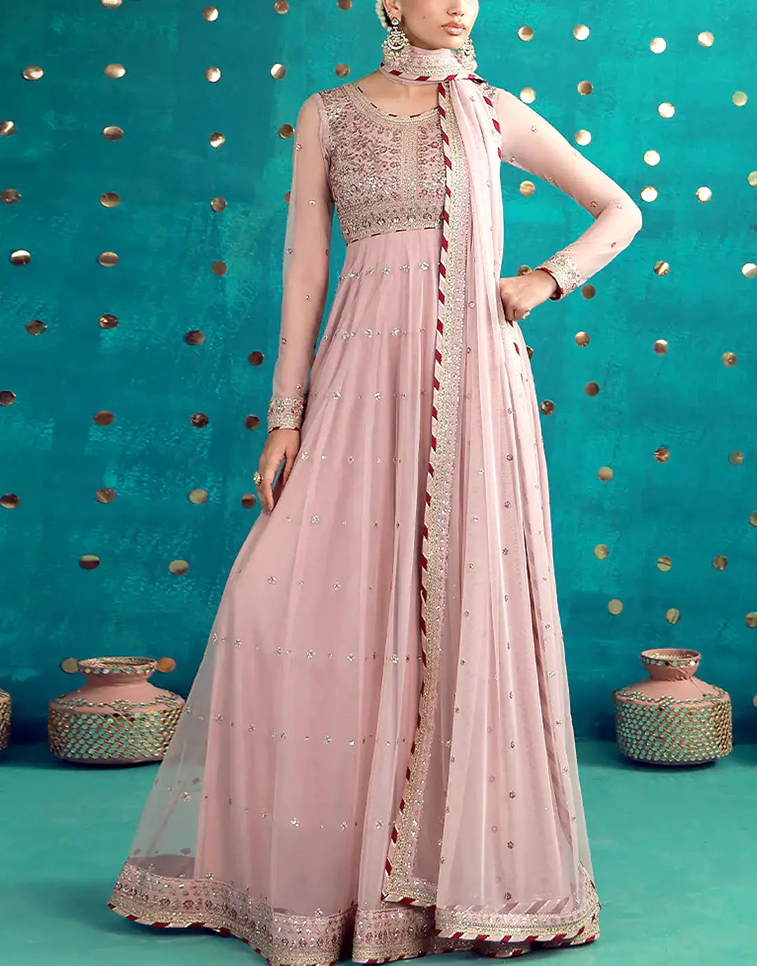 Elegant Embroidered Pink Chiffon Party Wear Maxi Dress with Chiffon Dupatta