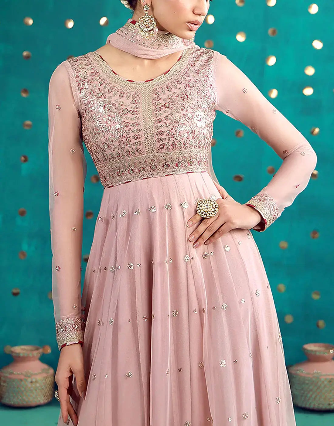 Elegant Embroidered Pink Chiffon Party Wear Maxi Dress with Chiffon Dupatta