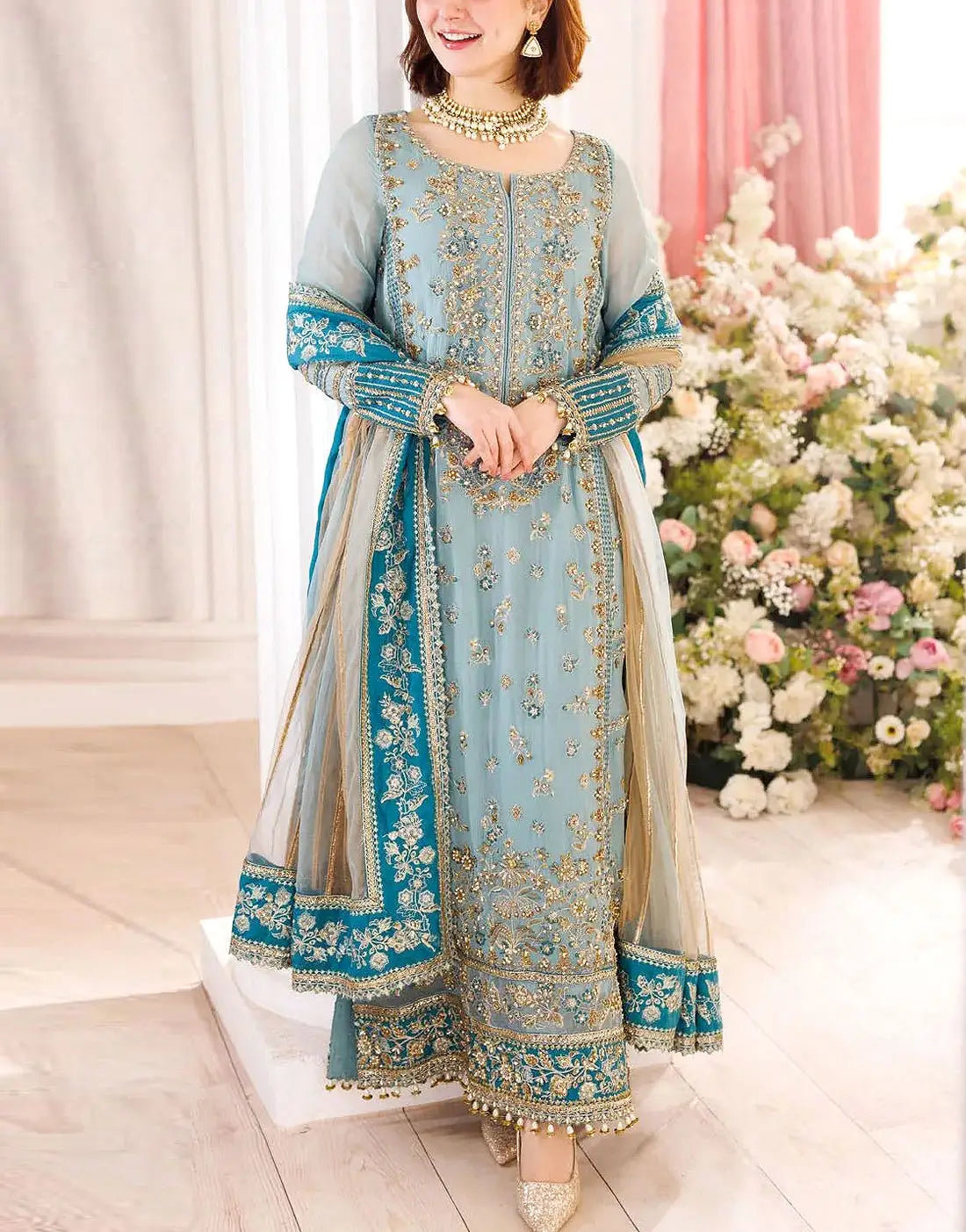 Glamorous Intricate Embroidered Powder Blue Chiffon Wedding Dress with Rich  Hand Embellishments  Best Price Online in Pakistan