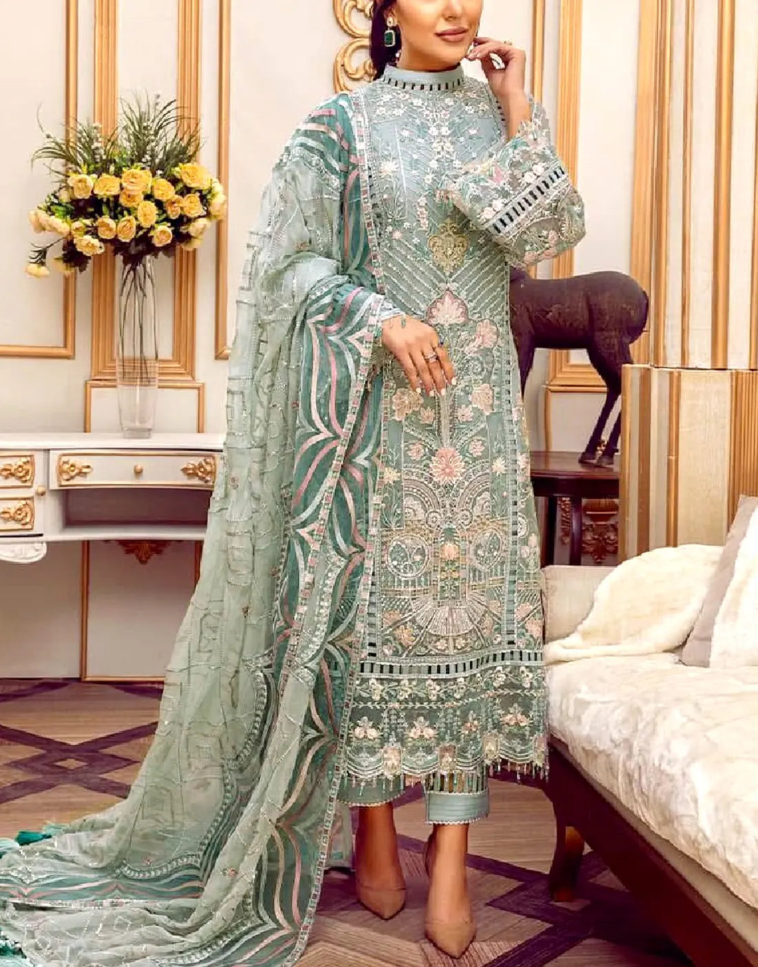 Luxurious Embroidered Mint Green Chiffon Dress - Ideal for Party & Wedding Wear