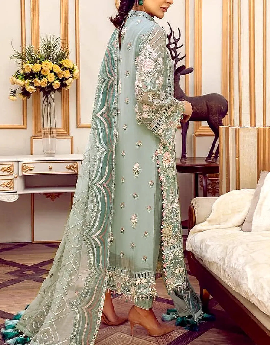 Luxurious Embroidered Mint Green Chiffon Dress - Ideal for Party & Wedding Wear