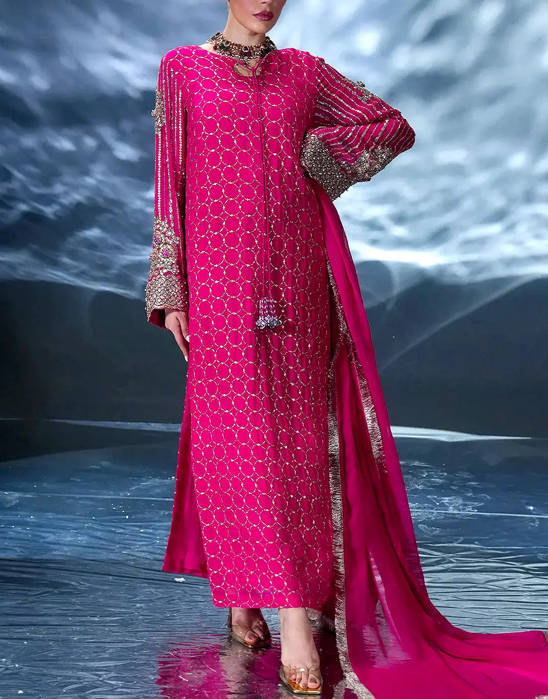 Exquisite Embroidered Shocking Pink Chiffon Party Wear Outfit with Silk Trouser Best Price Online in Pakistan Exquisite Embroidered Shocking Pink Chiffon Party Wear Outfit with Silk Trouser Best Price Online in Pakistan