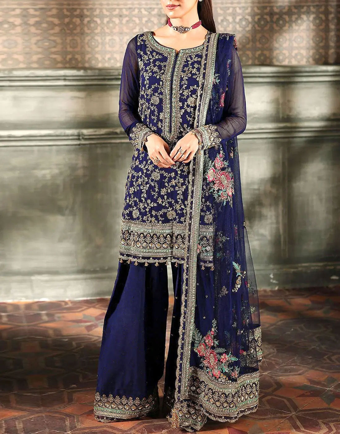 Regal Intricate Embroidered Navy Blue Chiffon Dress for Formals & Weddings