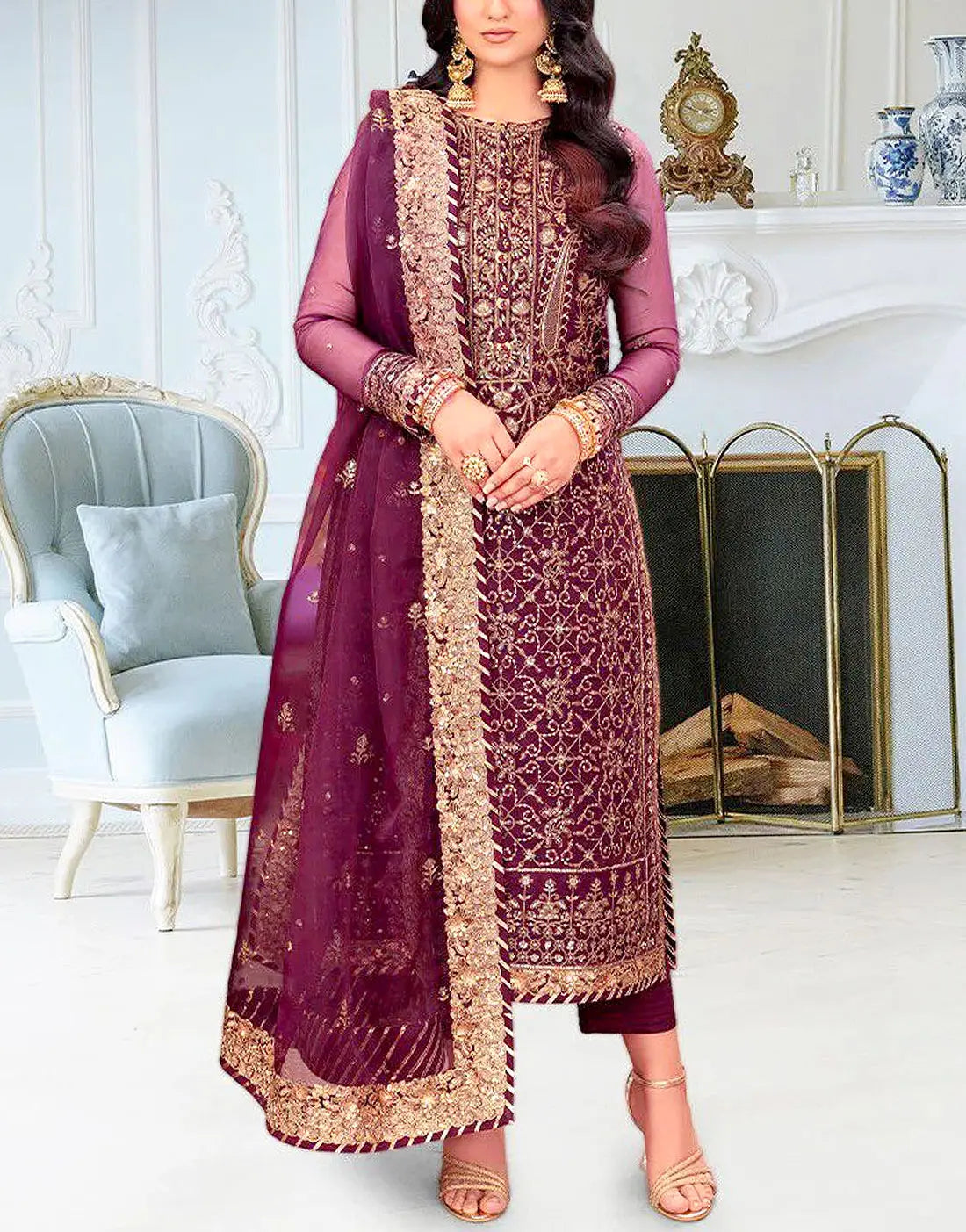 Exquisite Embroidered Deep Plum Chiffon Wedding Dress β Ideal for Parties & Weddings