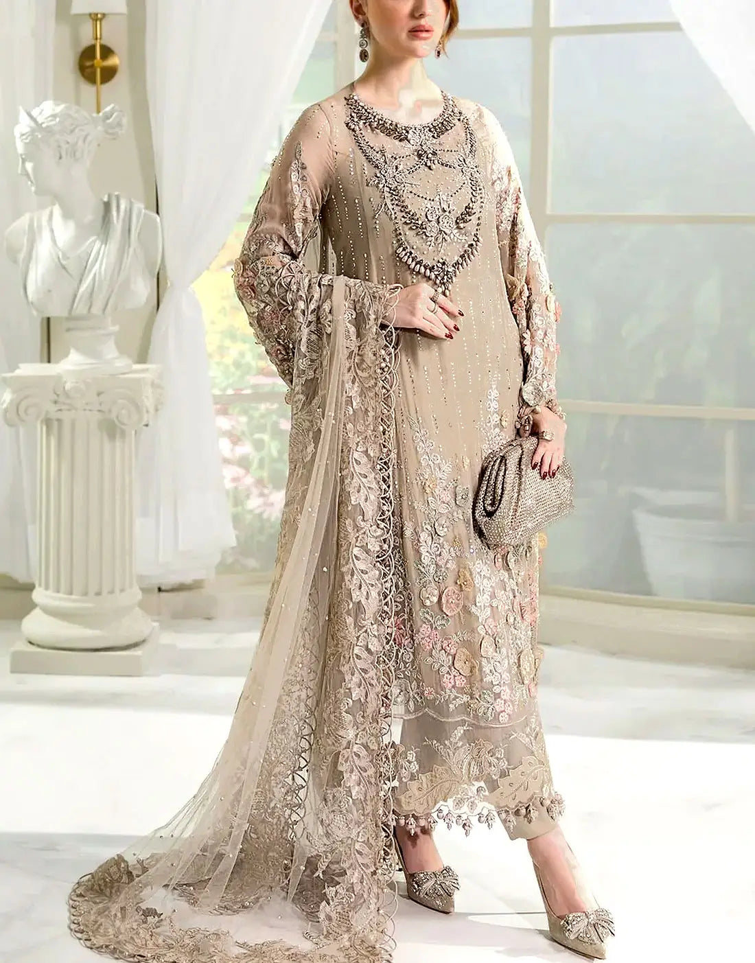Premium Heavy Embroidered Beige Chiffon Wedding Dress with 3D Handwork and Rich Embellished Neckline