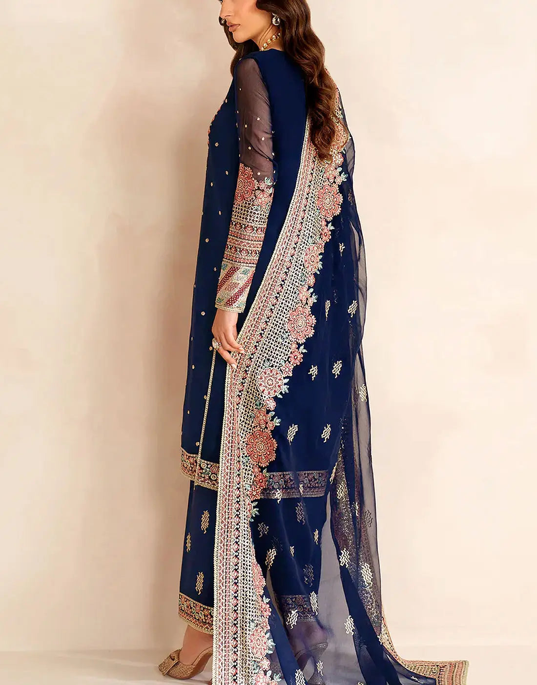 Ethnic Embroidered Navy Blue Chiffon Dress for Parties & Weddings