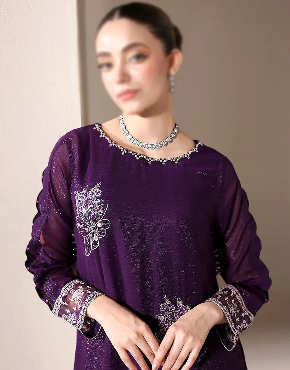 Fancy Handwork Embroidered Purple Chiffon Party Wear Dress