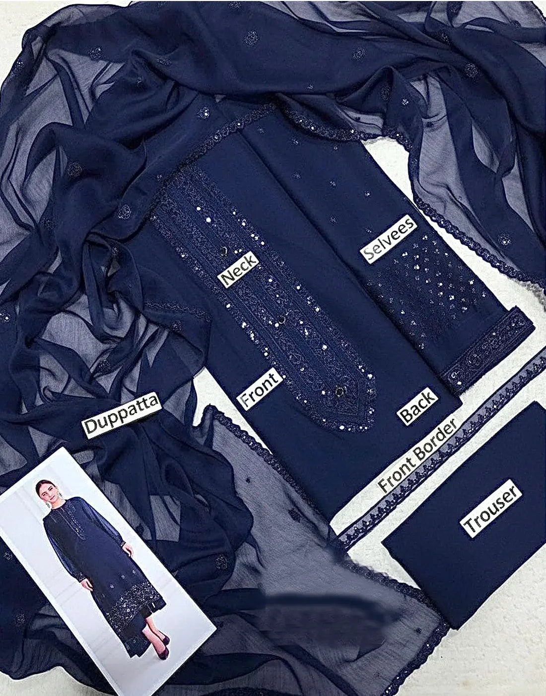Decent Embroidered Navy Blue Chiffon Party Wear Dress Design