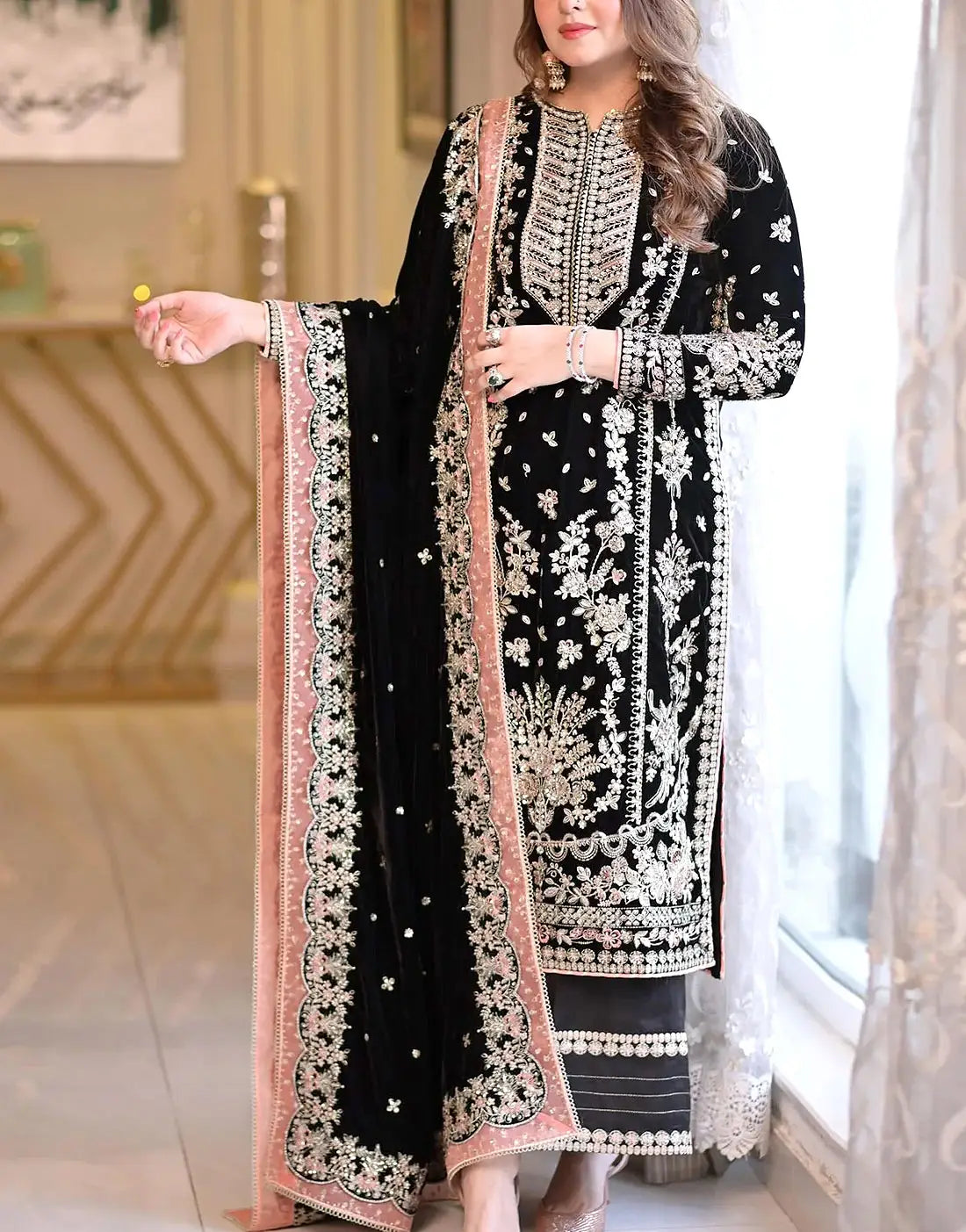 Aneela's Luxury Handwork Embroidered Black Chiffon Wedding Wear Dress