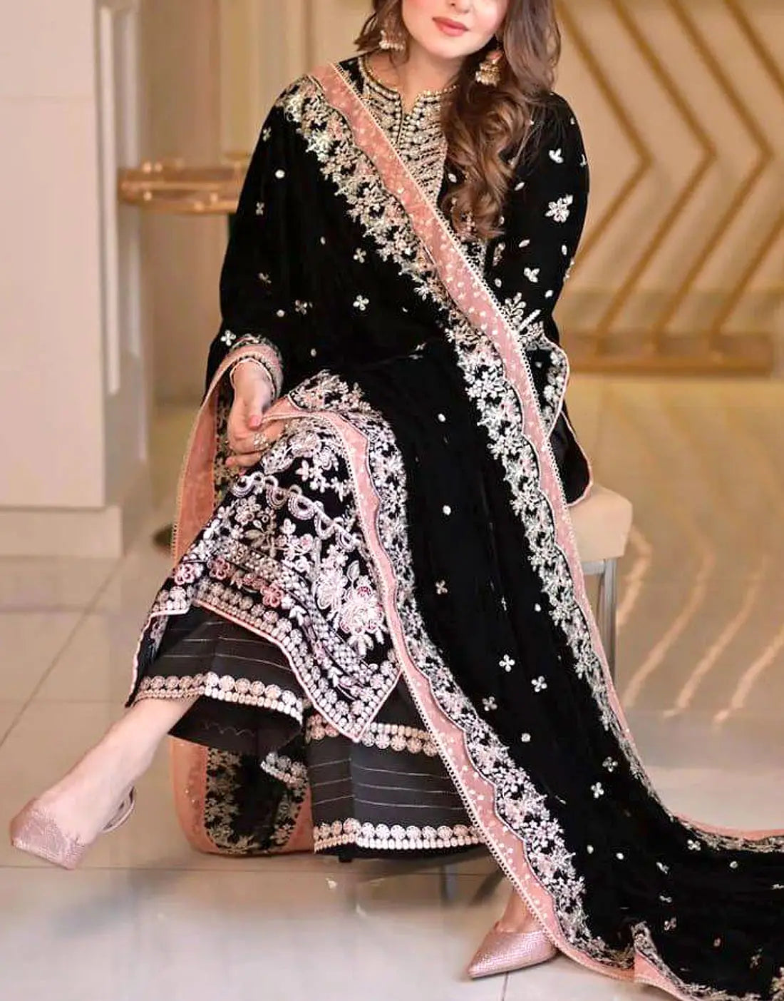 Aneela's Luxury Handwork Embroidered Black Chiffon Wedding Wear Dress