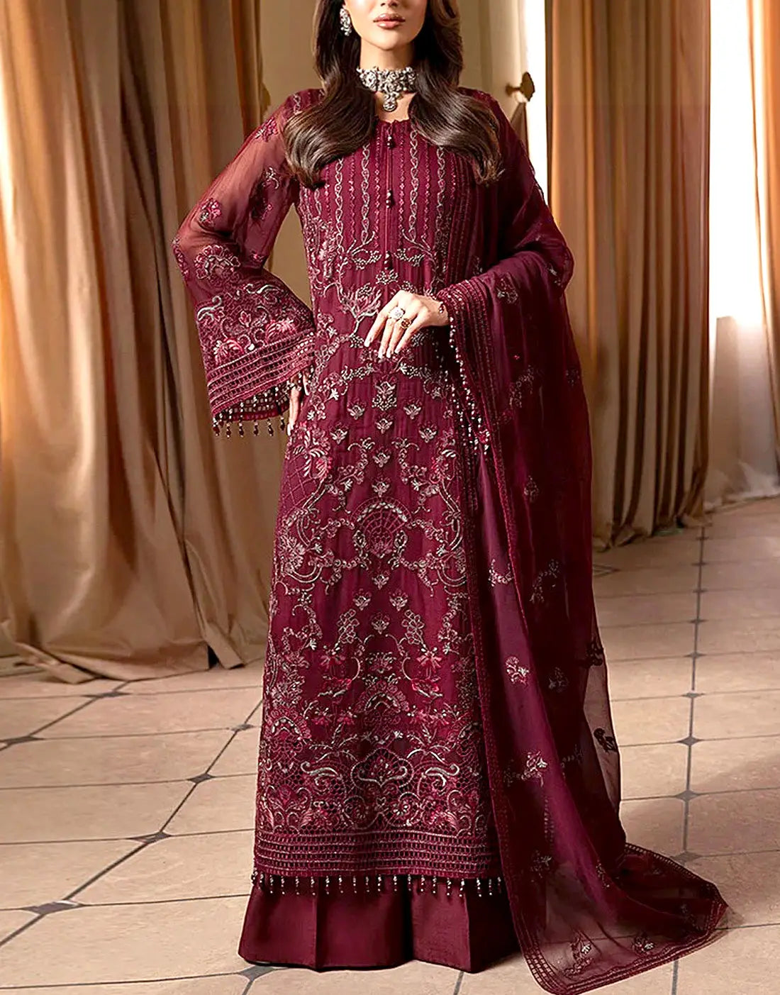 Luxury Heavy Embroidered Burgundy Color Chiffon Wedding Dress