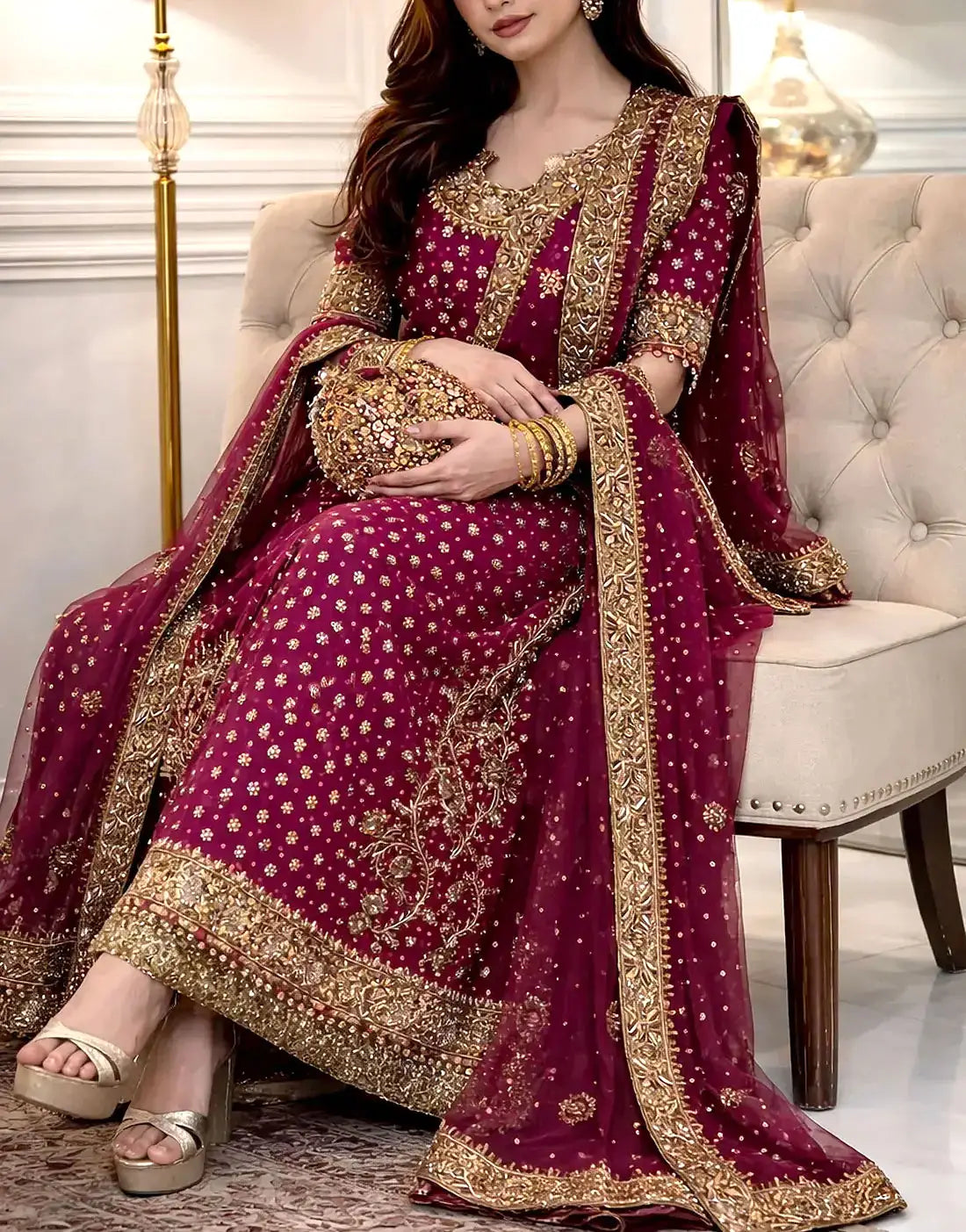 Heavy Embroidered & Adda Work Long Chiffon Bridal Dress with Matching Potli Bag