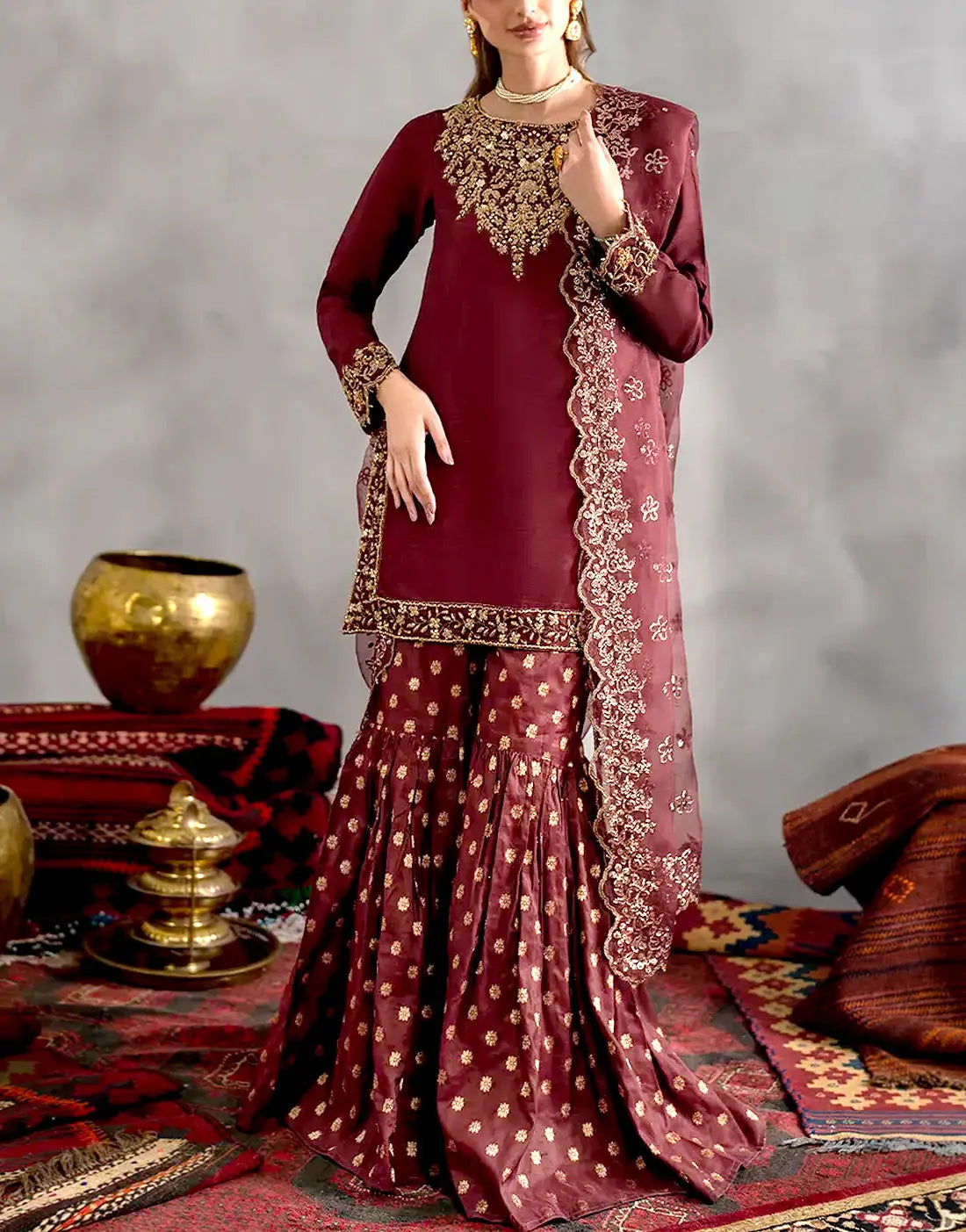 Elegant Embroidered Maroon Chiffon Wedding Sharara Dress - Ideal for Brides & Wedding Events
