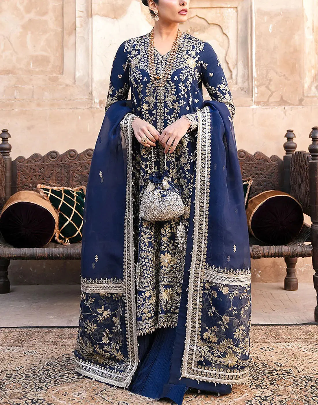 Luxury Handwork Embroidered Navy Blue Chiffon Wedding Wear Dress