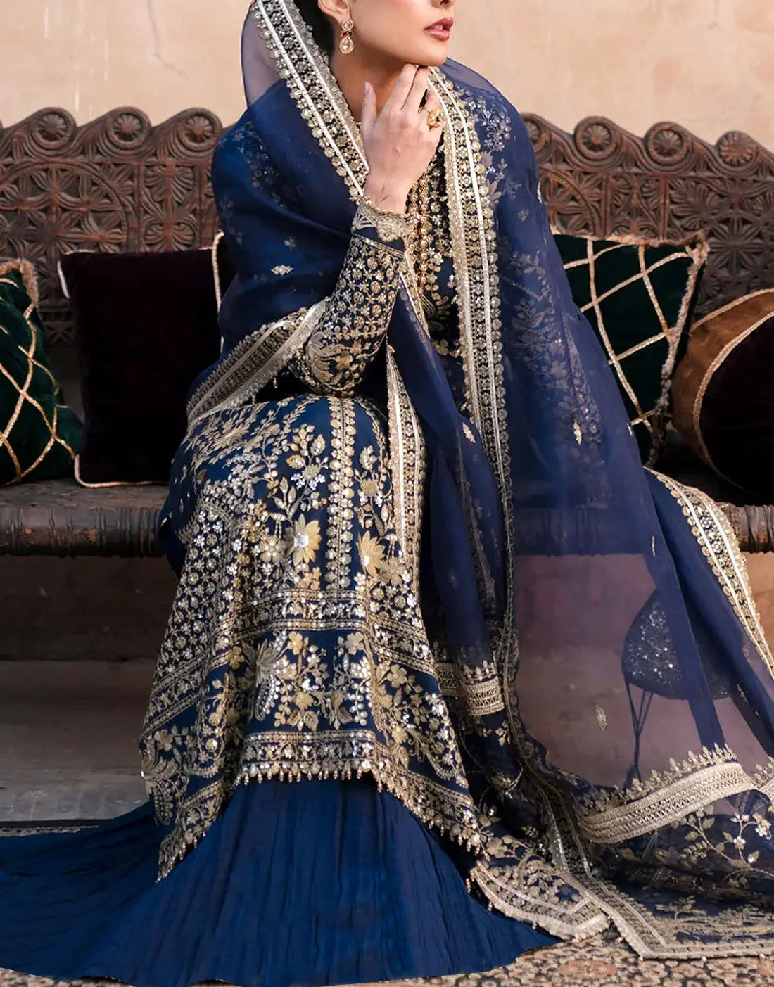 Luxury Handwork Embroidered Navy Blue Chiffon Wedding Wear Dress