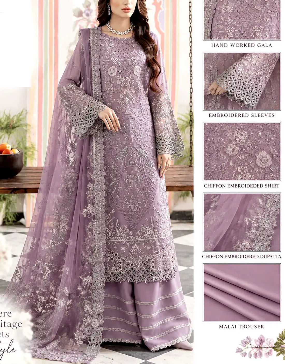 Lavish Heavy Embroidered Muave Chiffon Dress - Ideal for Weddings & Party Wear