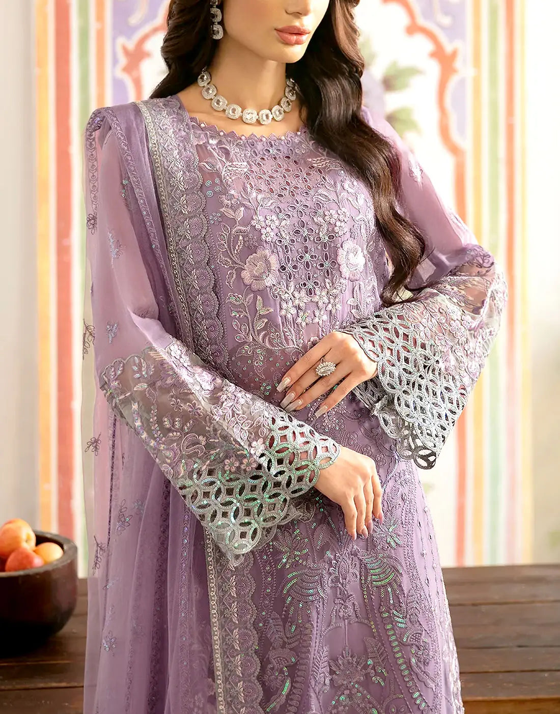 Lavish Heavy Embroidered Muave Chiffon Dress - Ideal for Weddings & Party Wear