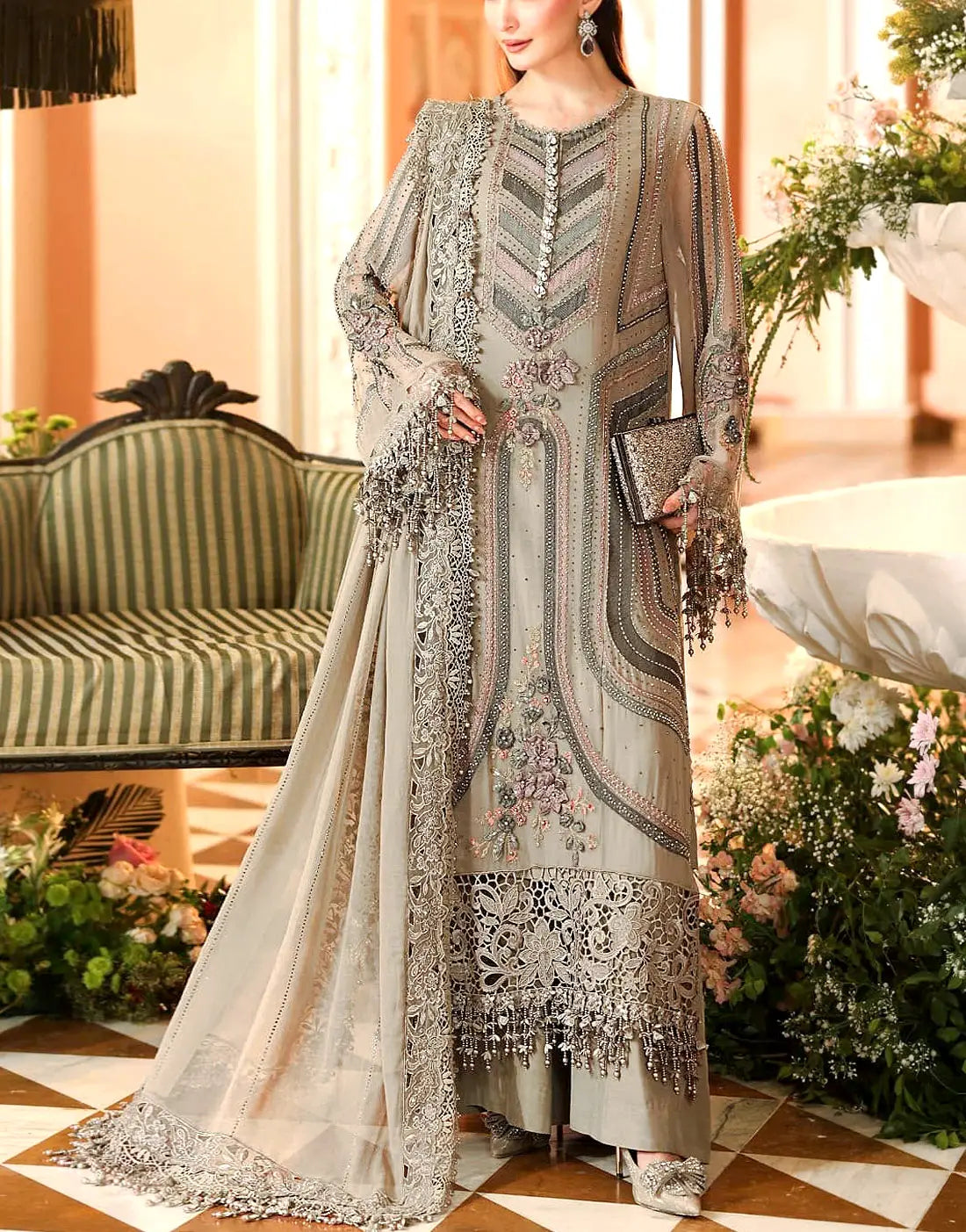 Glamorous 3D Handwork & Heavy Embroidered Sage Grey Chiffon Wedding & Party Wear Dress