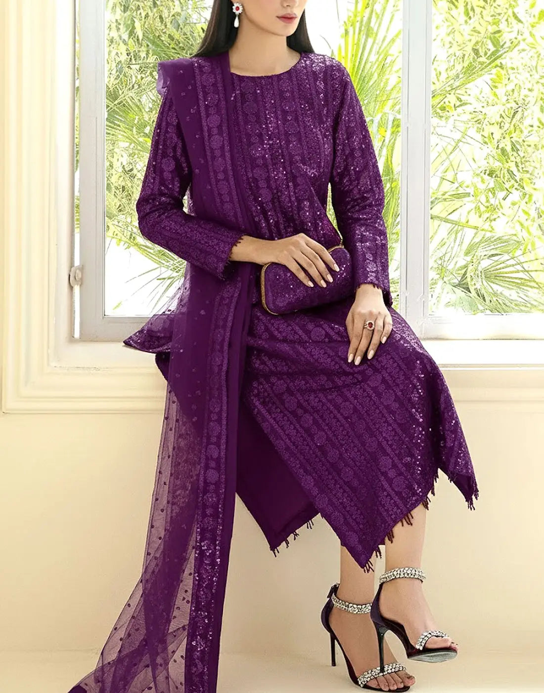 Glittering Sequins Embroidered Purple Chiffon Wedding Dress