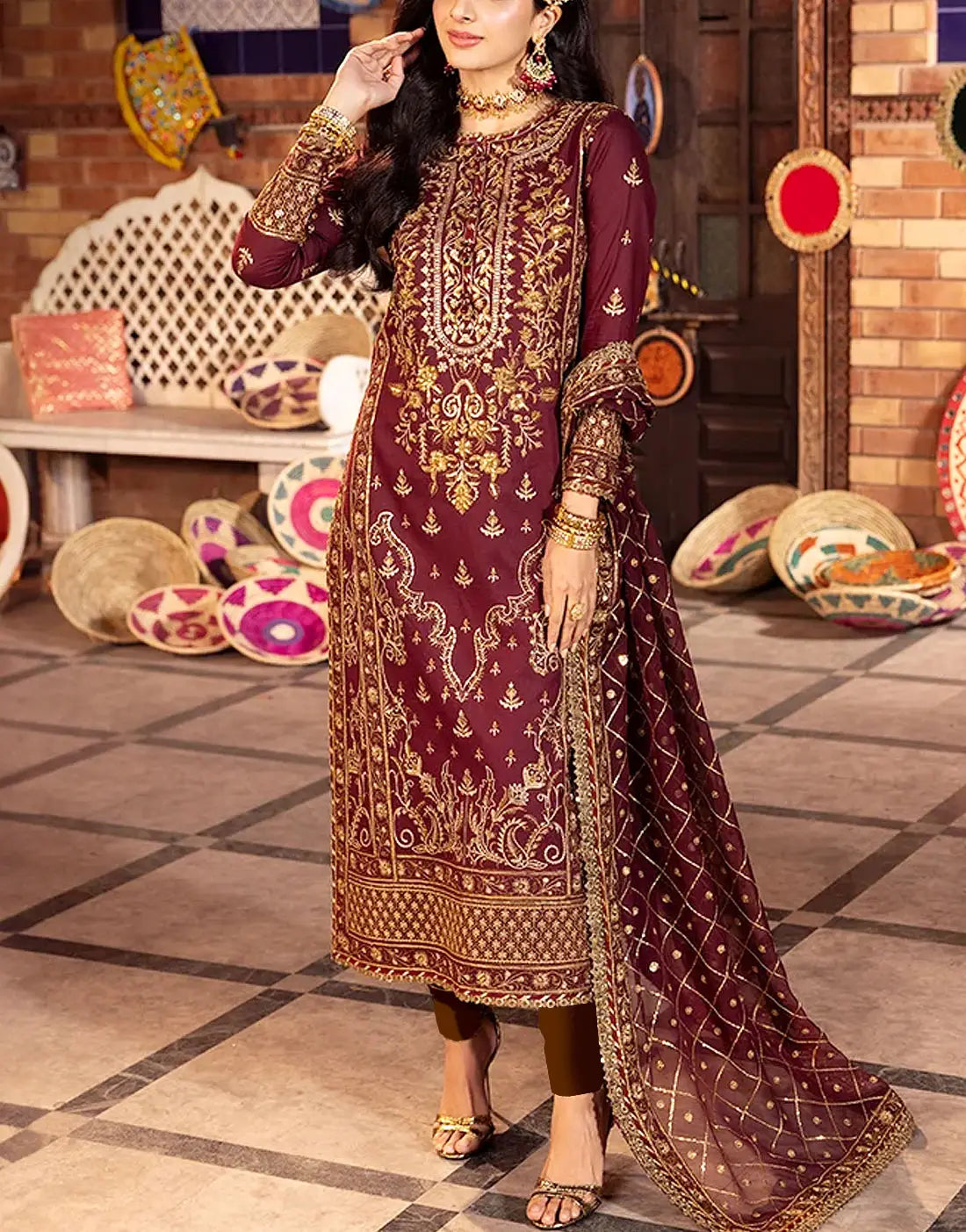 Elegant Embroidered Maroon Chiffon Wedding Wear Dress Design 2026