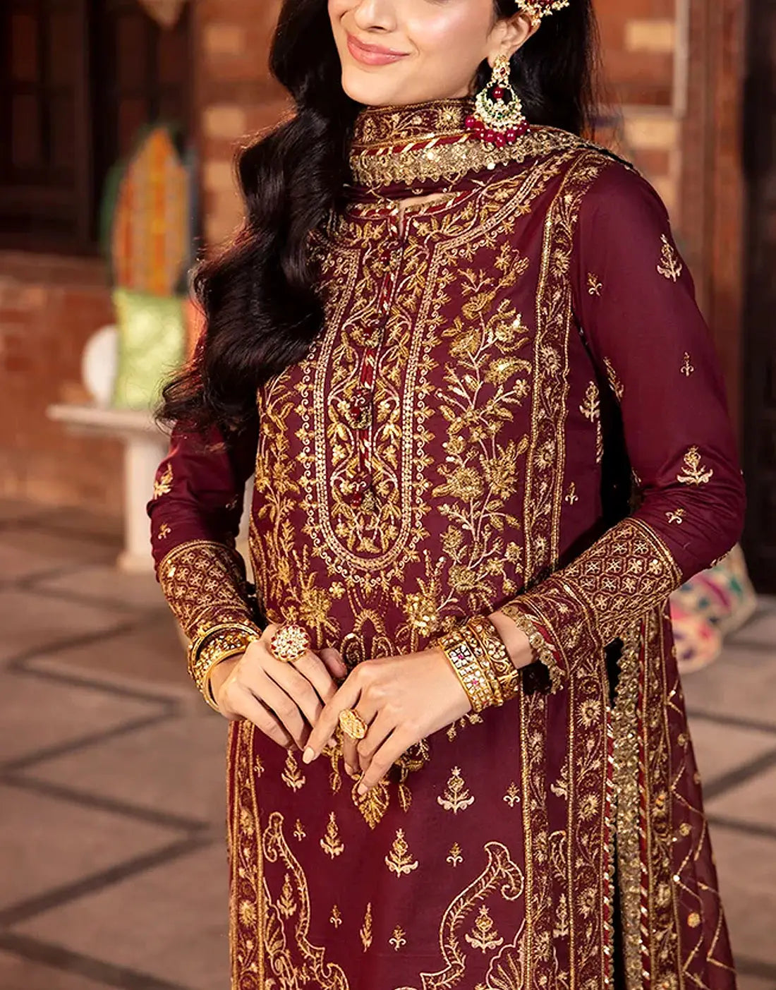 Elegant Embroidered Maroon Chiffon Wedding Wear Dress Design 2026