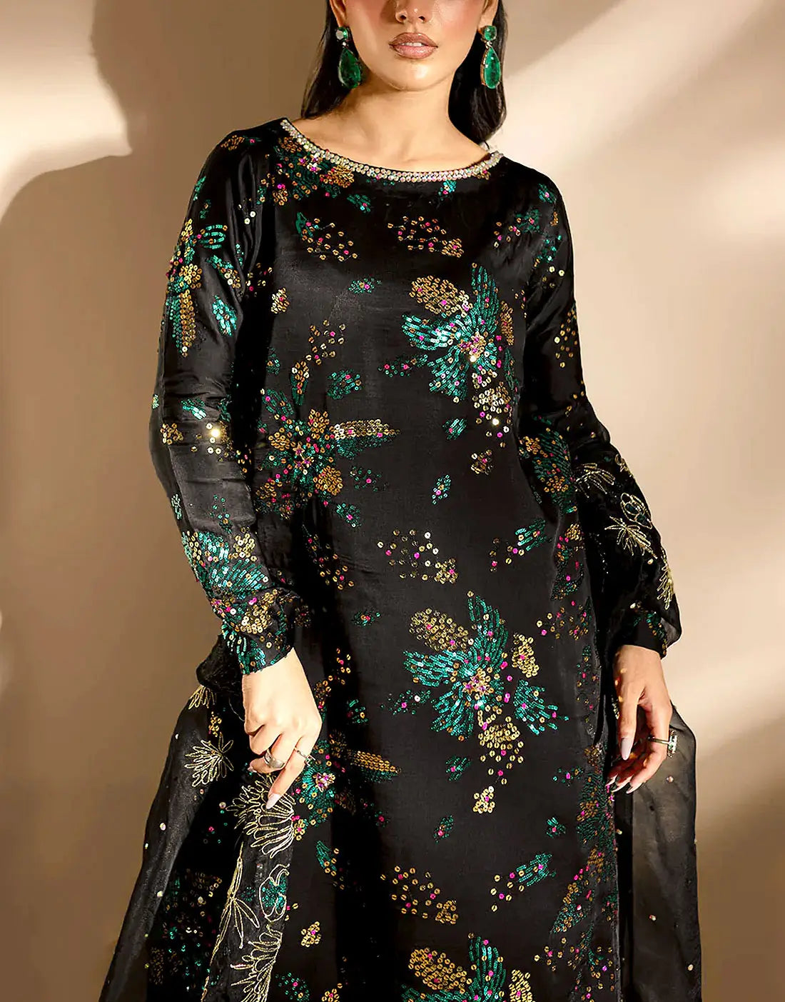 Glamourous Embroidered Black Chiffon Dress - Ideal for Weddings & Party Wear