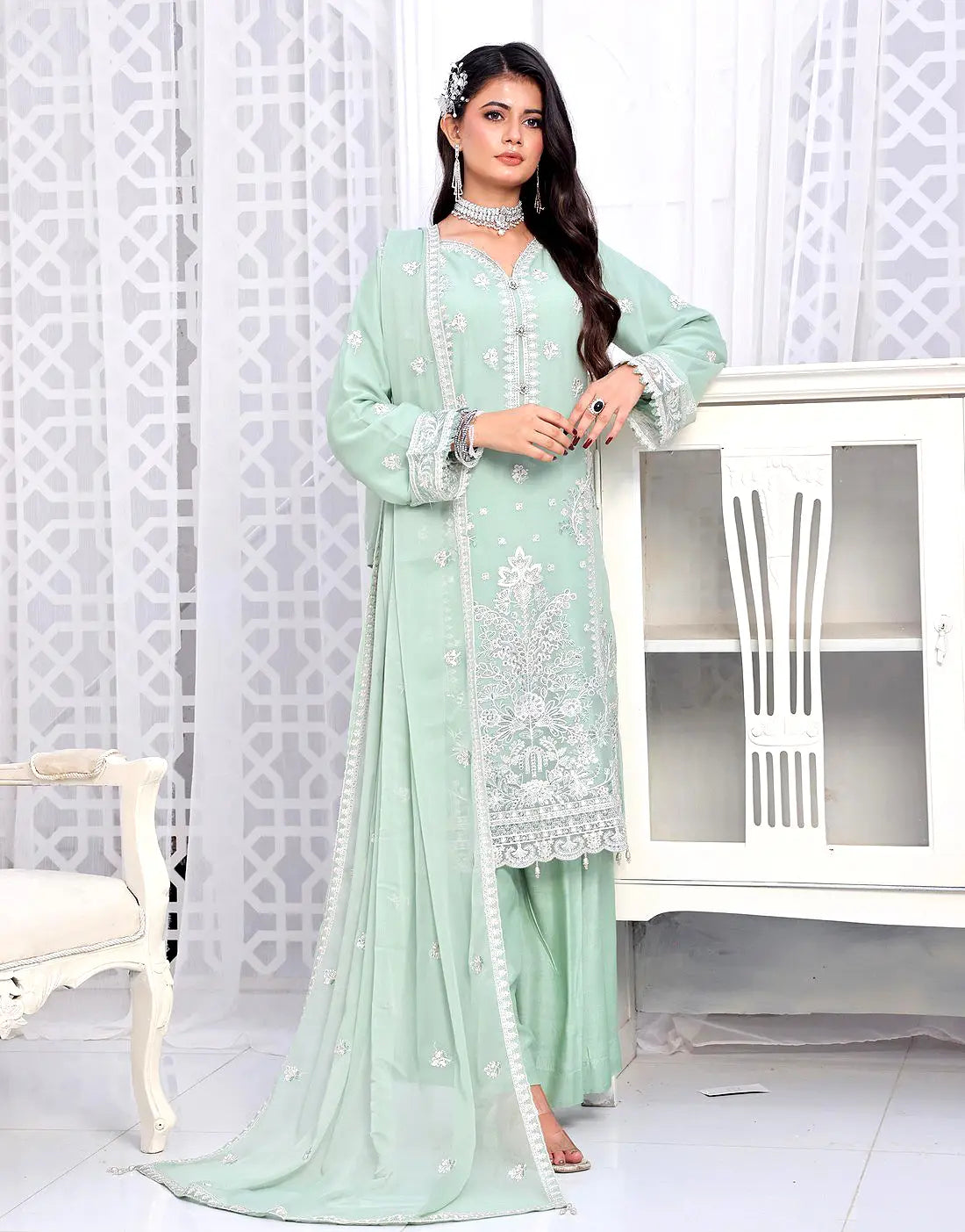 Naina Semi-Stitched Soft Green Embroidered Chiffon Dress for Weddings and Parties