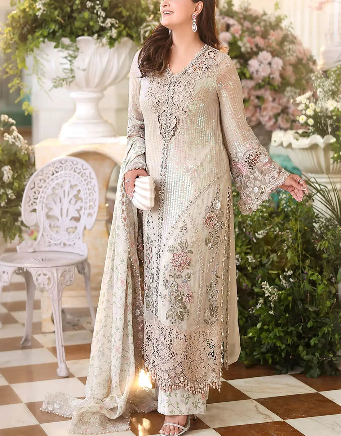 Glamorous Heavy Embroidered Off-White Chiffon Wedding Dress with Rich Embellishments – Best Price Online in Pakistan