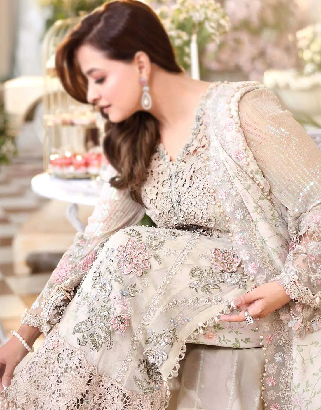 Glamorous Heavy Embroidered Off-White Chiffon Wedding Dress with Rich Embellishments