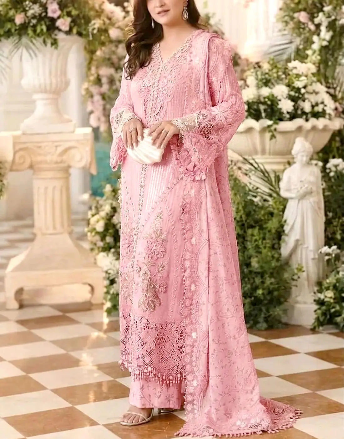 Luxury Handwork Embroidered Pink Chiffon Party Dress – Perfect for Wedding & Formal Events