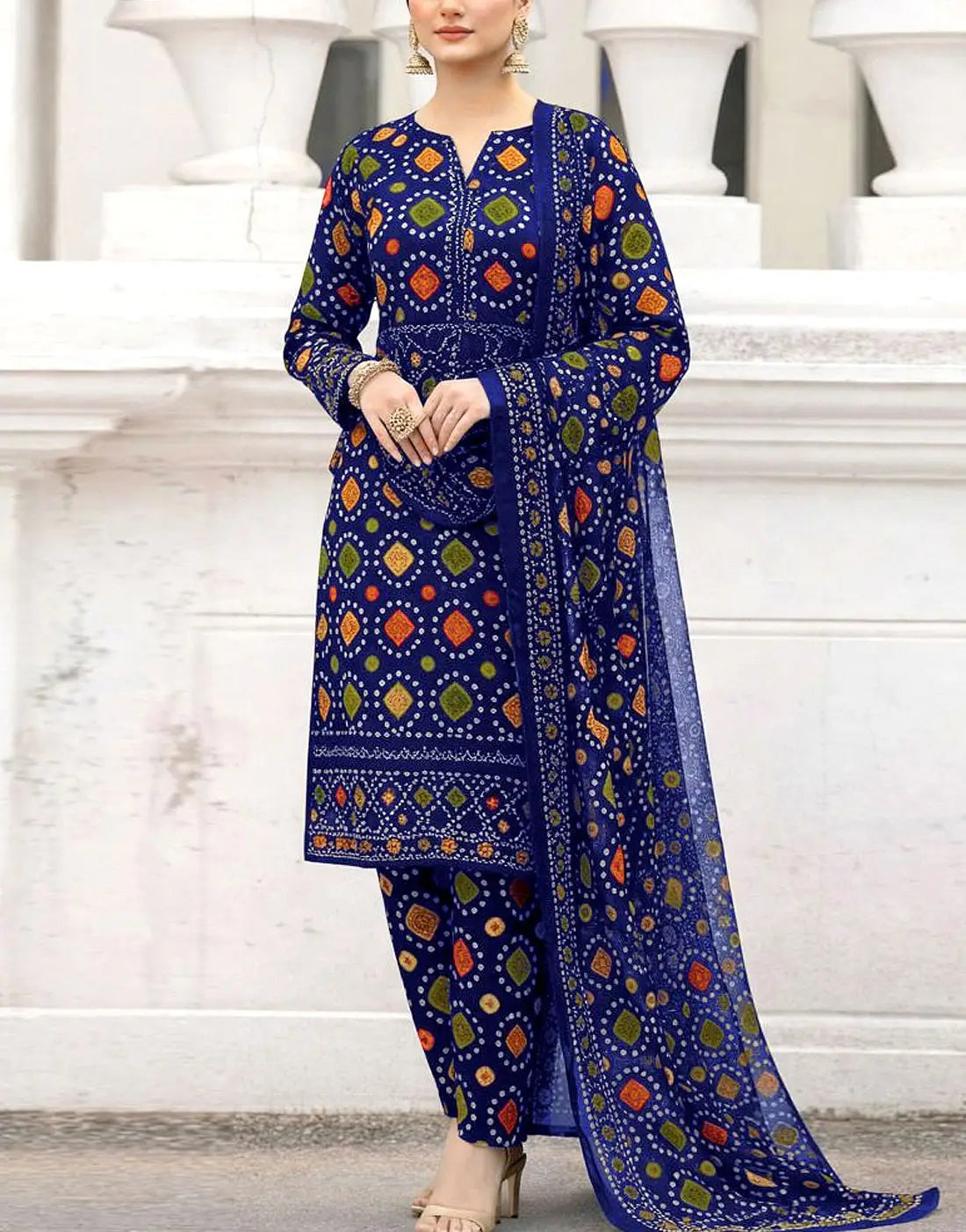 Stylish All-Over Digital Chunri Print Blue Lawn Suit for Daily and Party Use