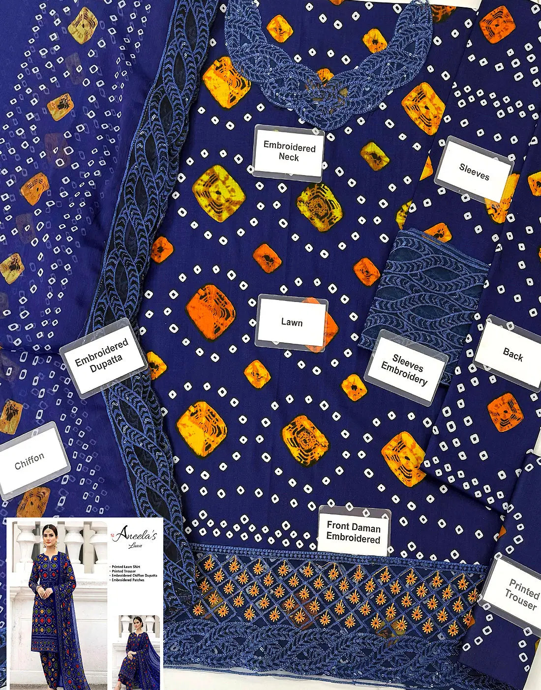 Stylish All-Over Digital Chunri Print Blue Lawn Suit for Daily and Party Use