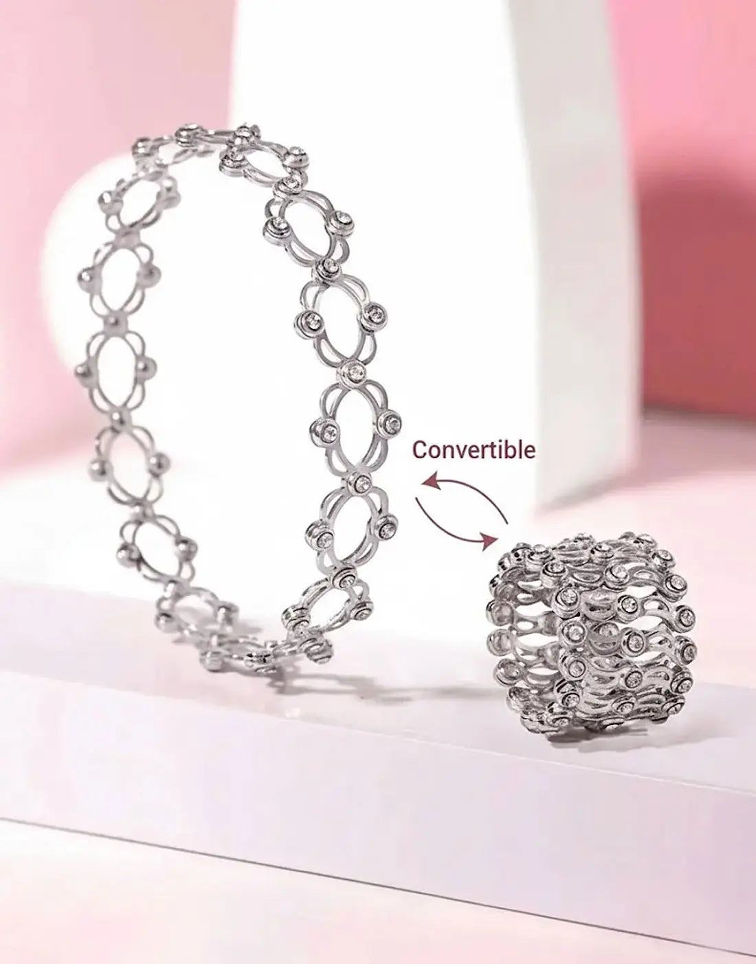 2‑in‑1 Convertible Ring Bracelet in Silver Plated Stainless Steel Finish