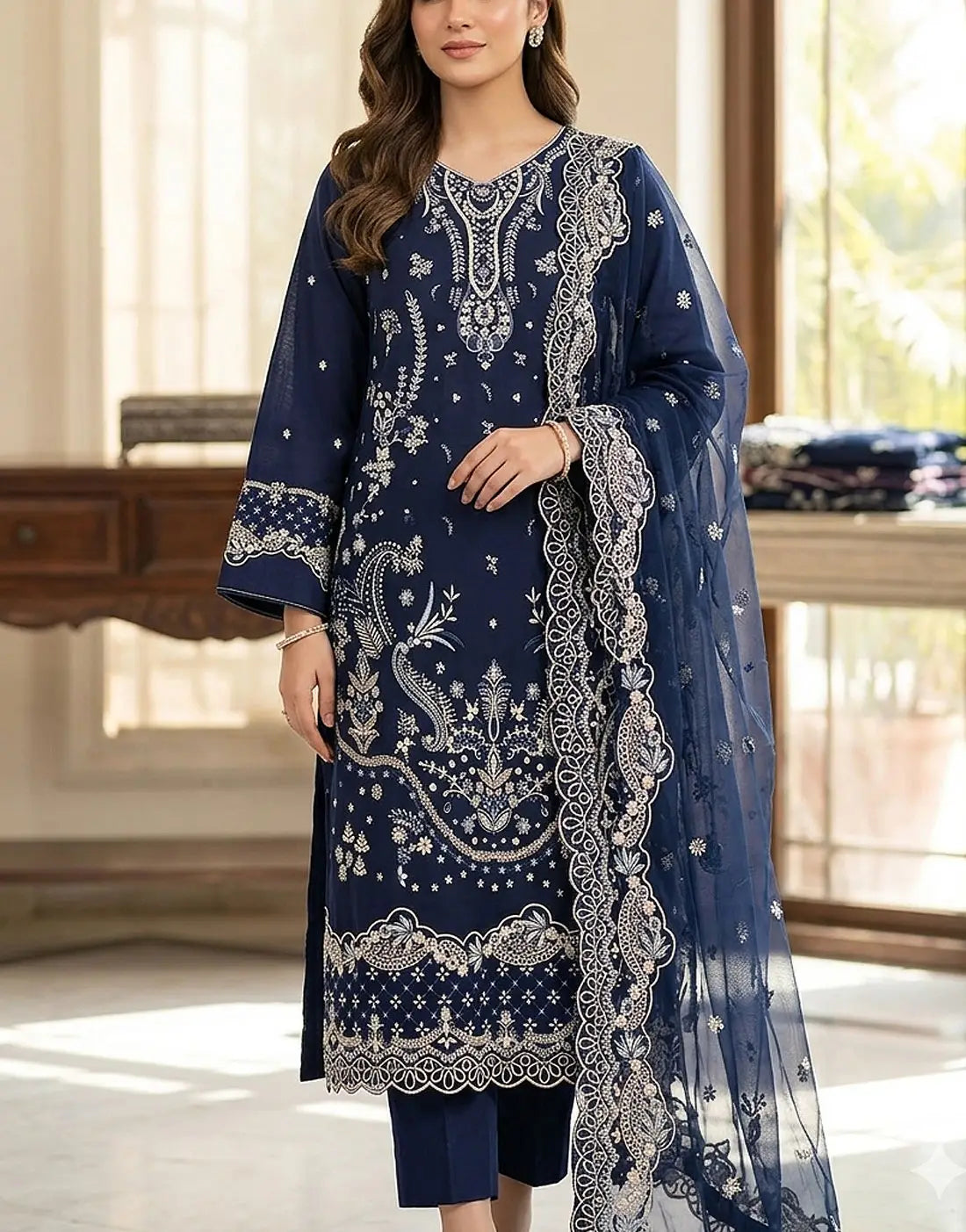 Heavy Embroidered Navy Blue Cotton Party Dress with Emb. Chiffon Dupatta