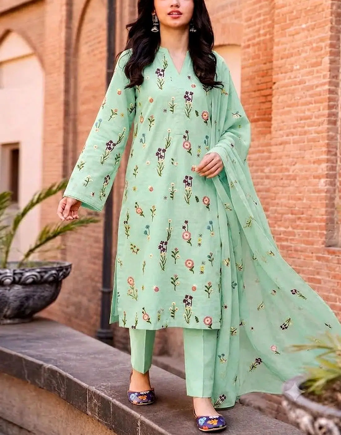 Fancy Embroidered Cotton Party Dress with Emb. Chiffon Dupatta