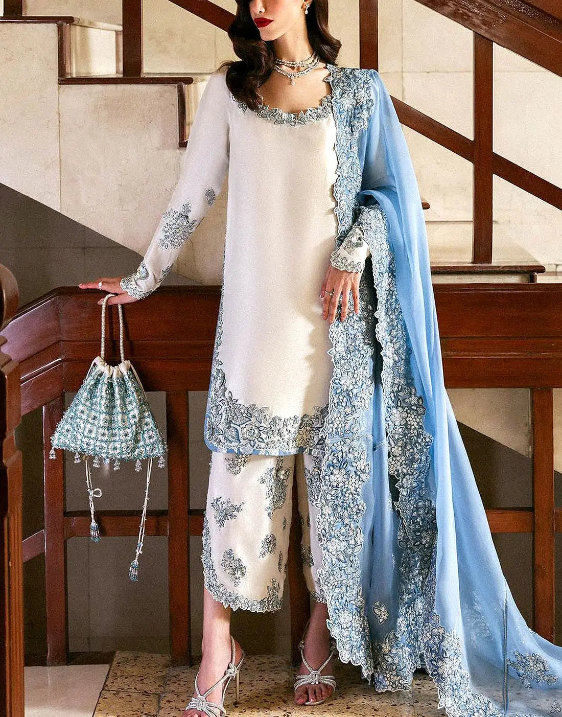 Fancy Embroidered Cotton Party Dress Design with Emb. Organza Dupatta