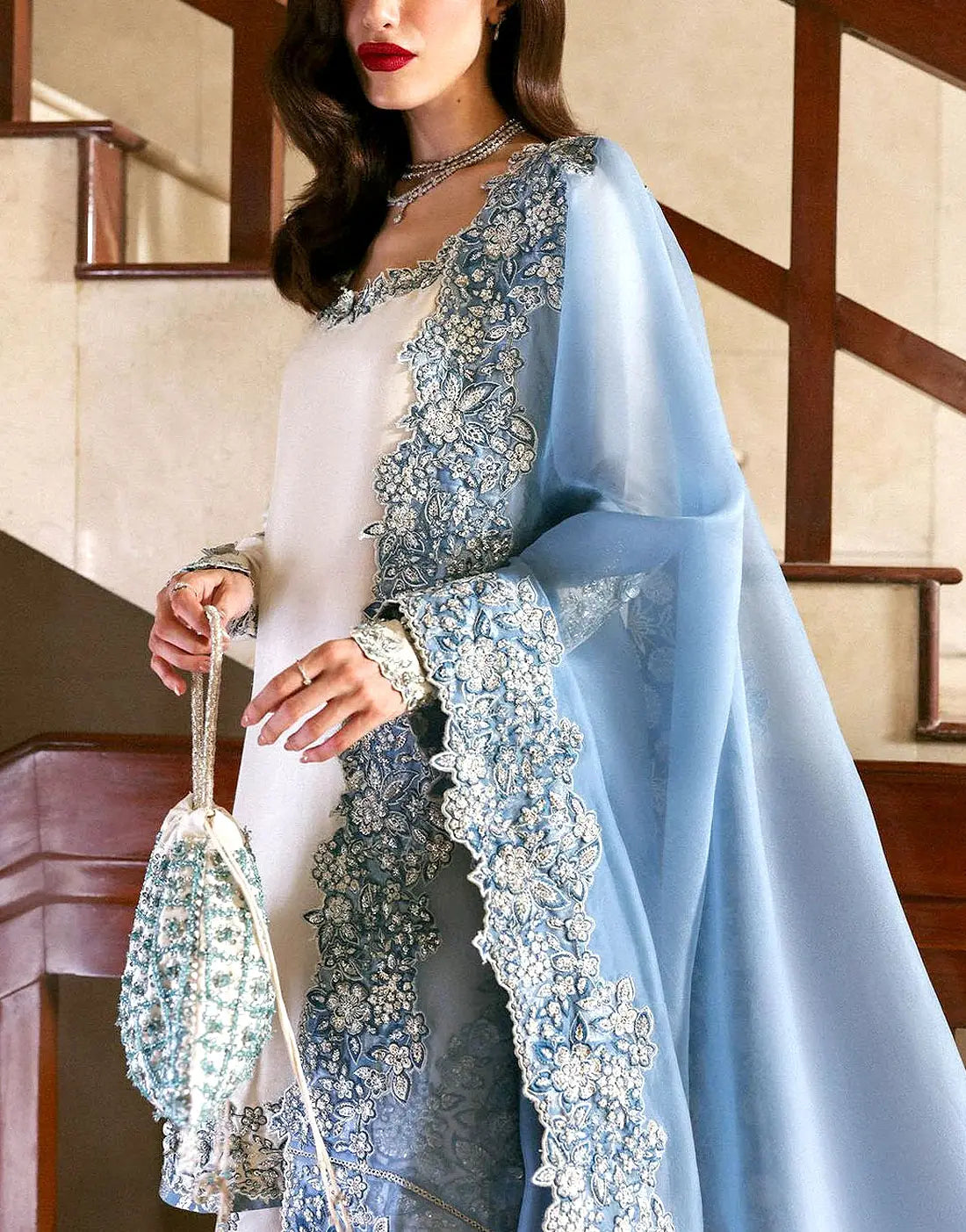 Fancy Embroidered Cotton Party Dress Design with Emb. Organza Dupatta